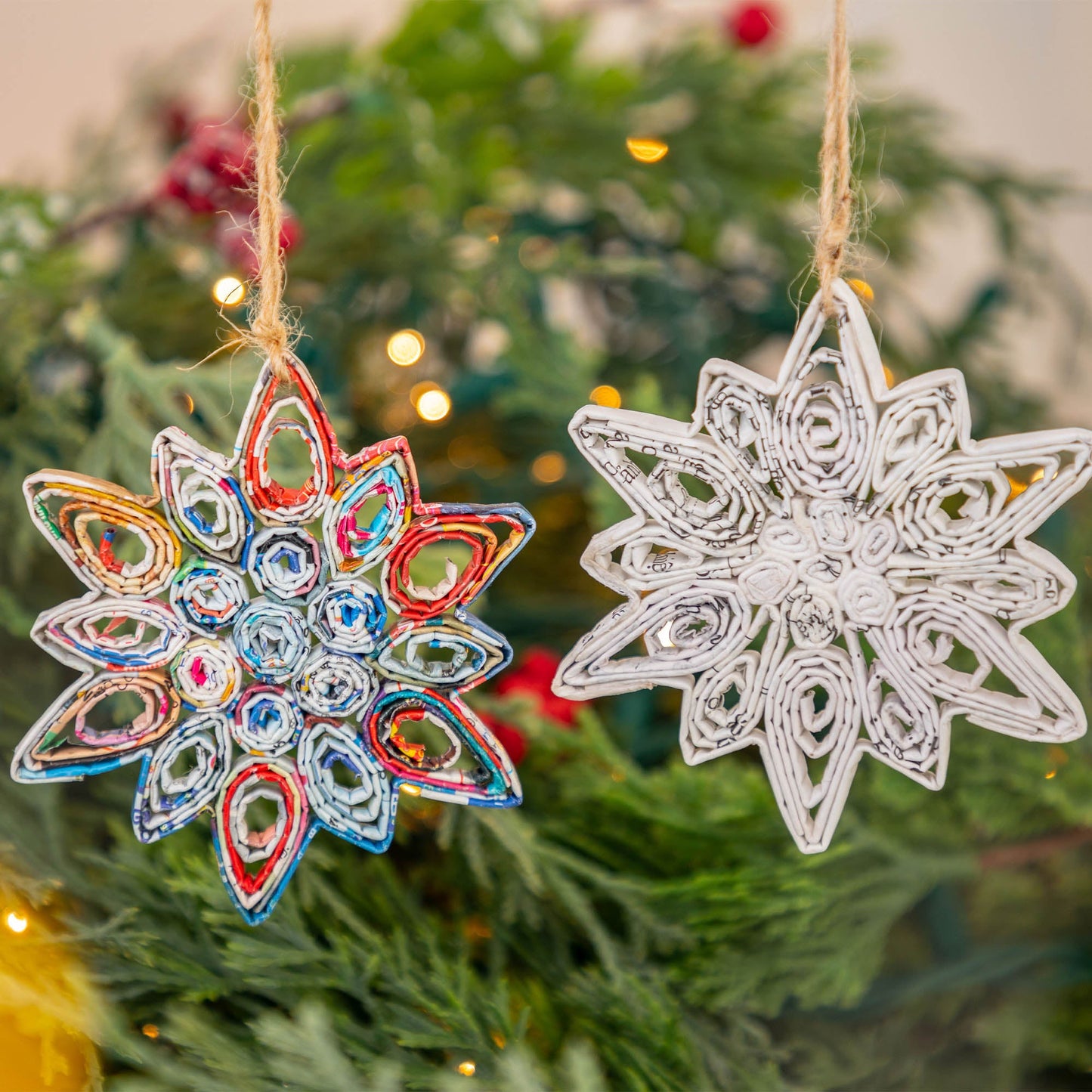 Recycled Magazine Snowflake Ornaments - Set of 2