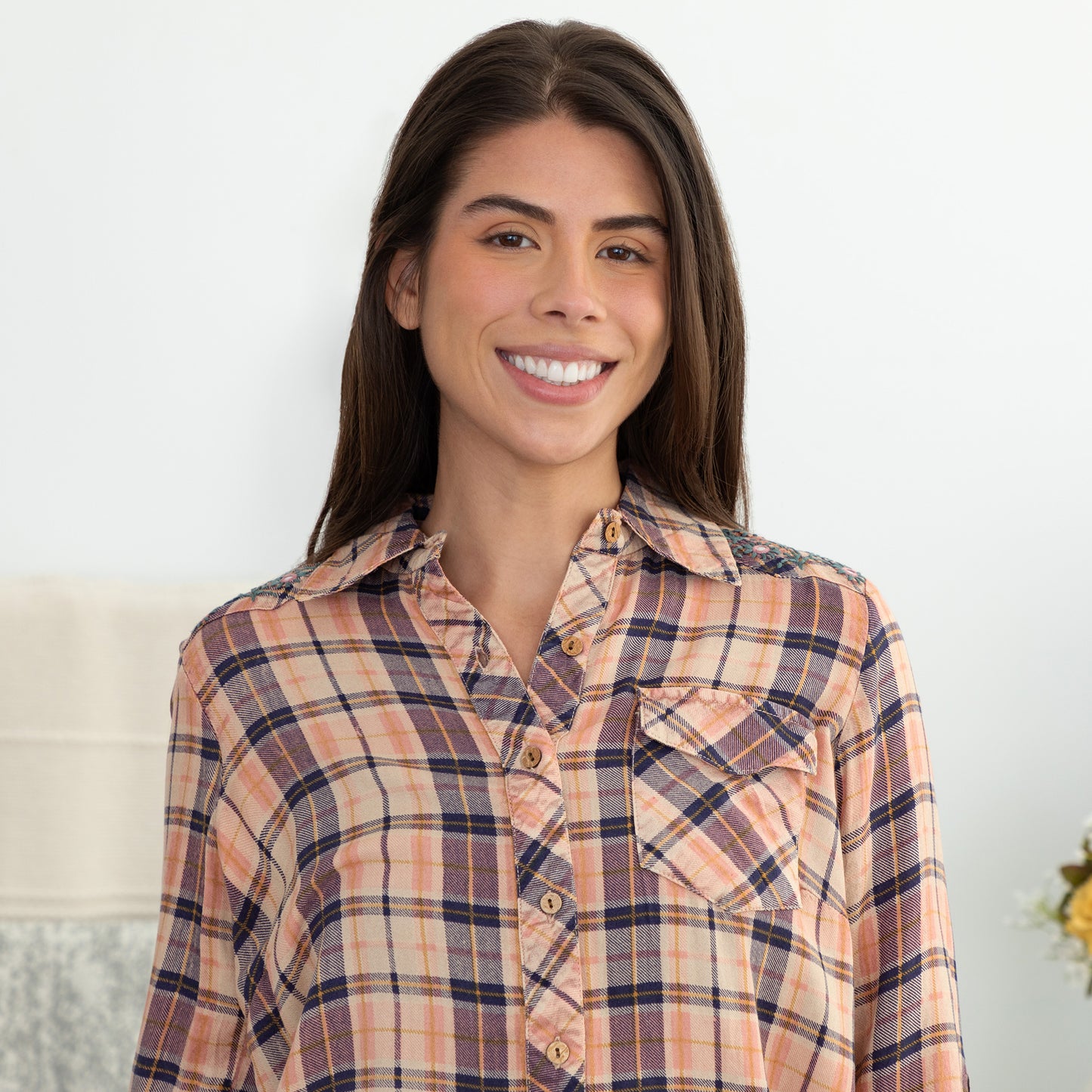 Floral Embroidery Plaid Button Up Shirt