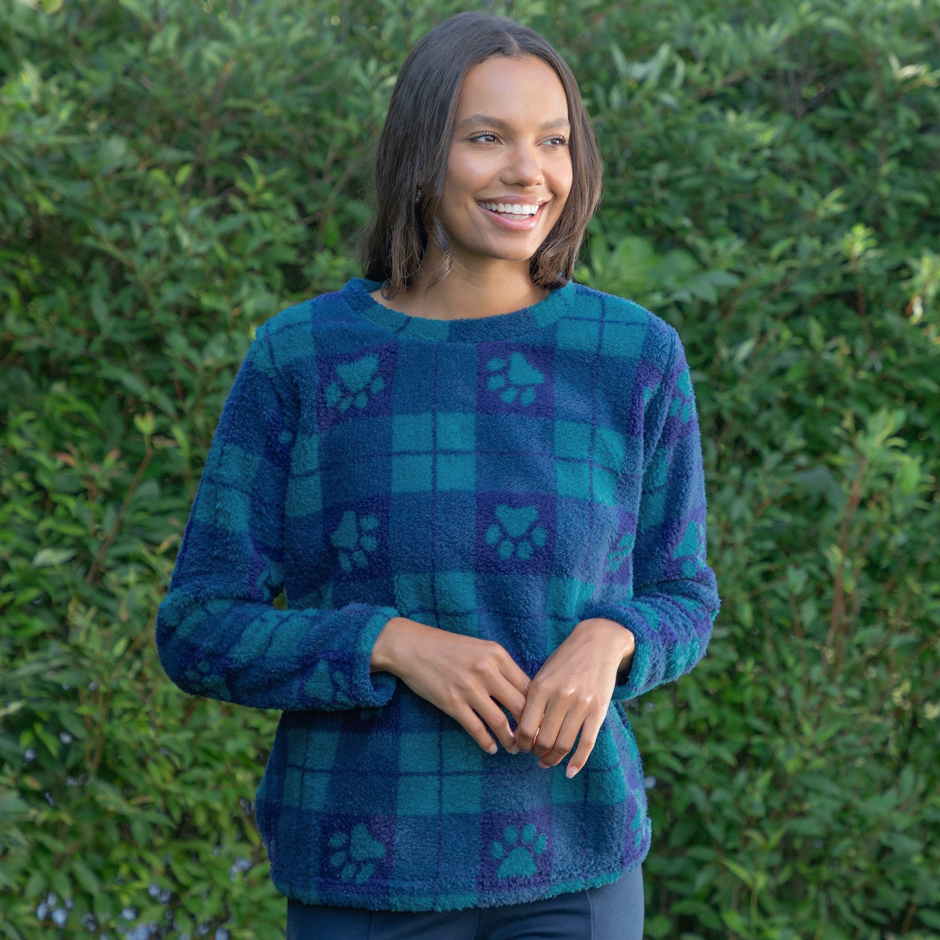 Large Check Plaid Paws Sherpa Fleece Pullover