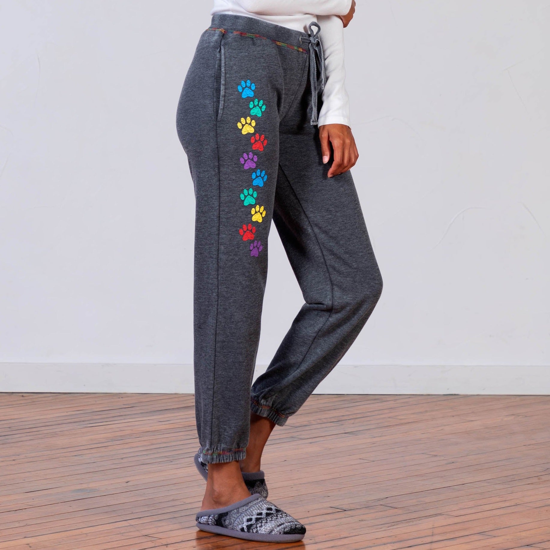 Women's Paw Print Grey Sweatpants With Drawstring