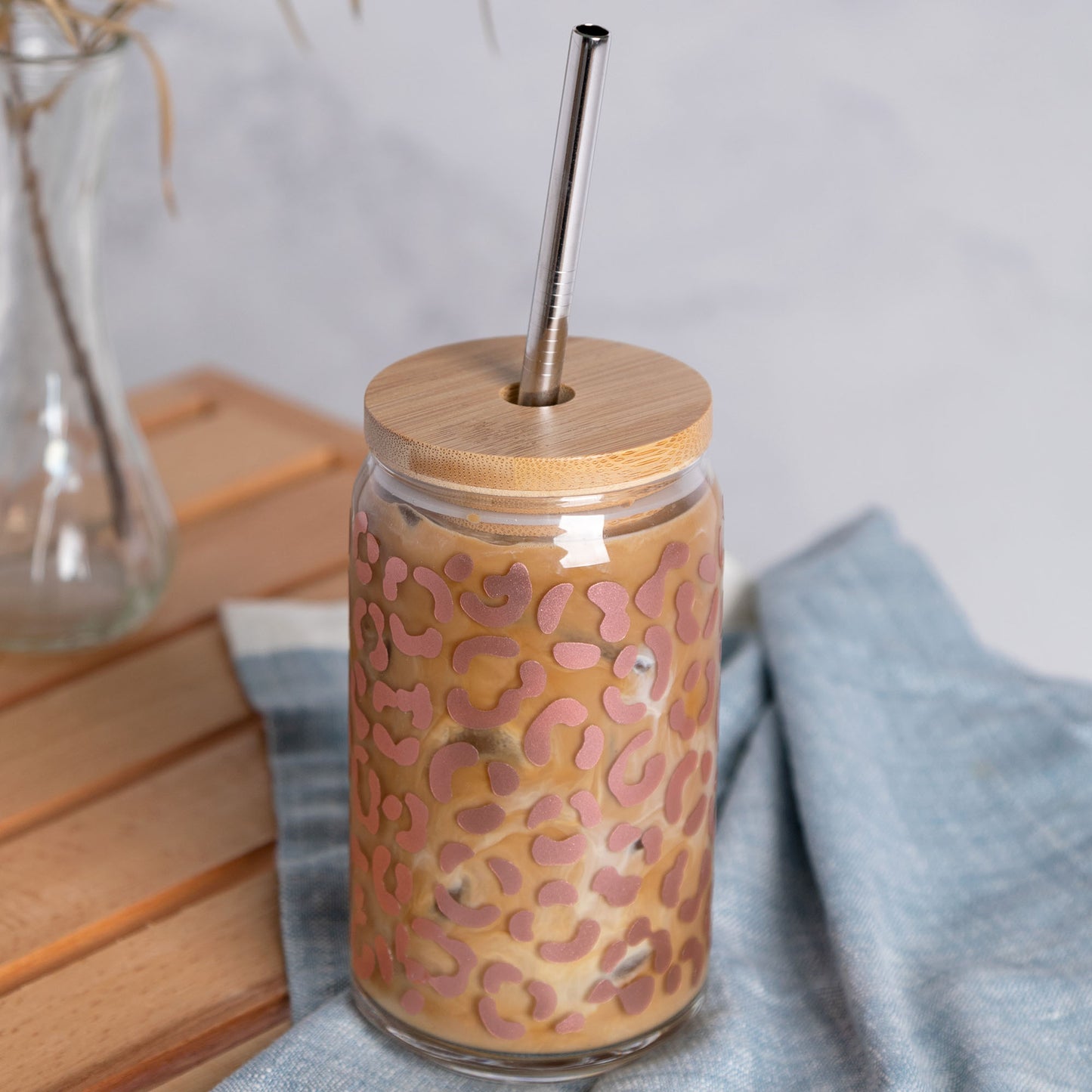 16 oz Can Glass with Bamboo Lid & Metal Straw