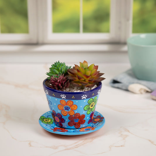 Hand Painted Paws & Flowers Ceramic Small Planter
