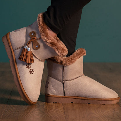 Paw Print Faux Suede Boots With Tassels