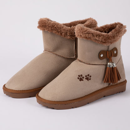 Paw Print Faux Suede Boots With Tassels