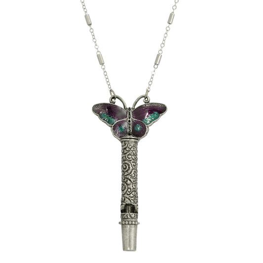 1928 Jewelry&reg; Pewter Whistle With Purple & Green Enamel Butterfly Necklace 30"