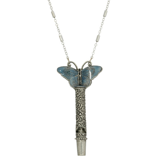 1928 Jewelry&reg; Pewter Whistle With Blue Enamel Butterfly Necklace 30"