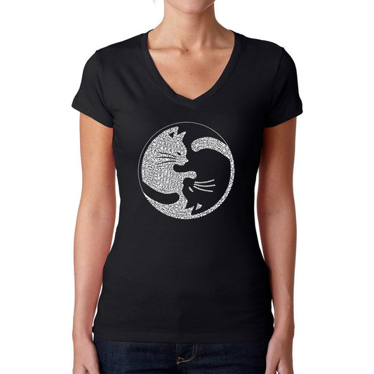 Yin Yang Cat  - Women's Word Art V-Neck T-Shirt