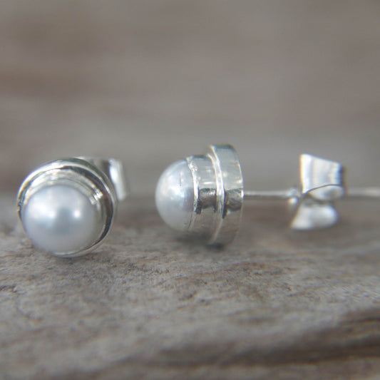 White Moon Pearl Silver Bridal Stud Earrings