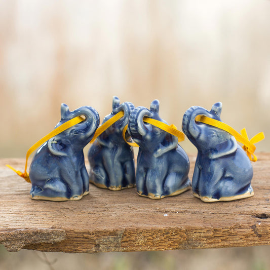 Blue Elephant Heralds Celadon Ceramic Christmas Ornaments (Set of 4)