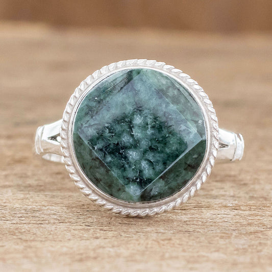 Square Circle Sterling Silver Green Jade Cocktail Ring