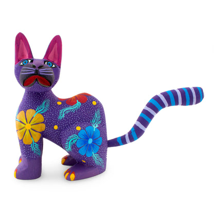 Magical Cat Hand Crafted Purple Wood Kittycat Folk Art Sculpture
