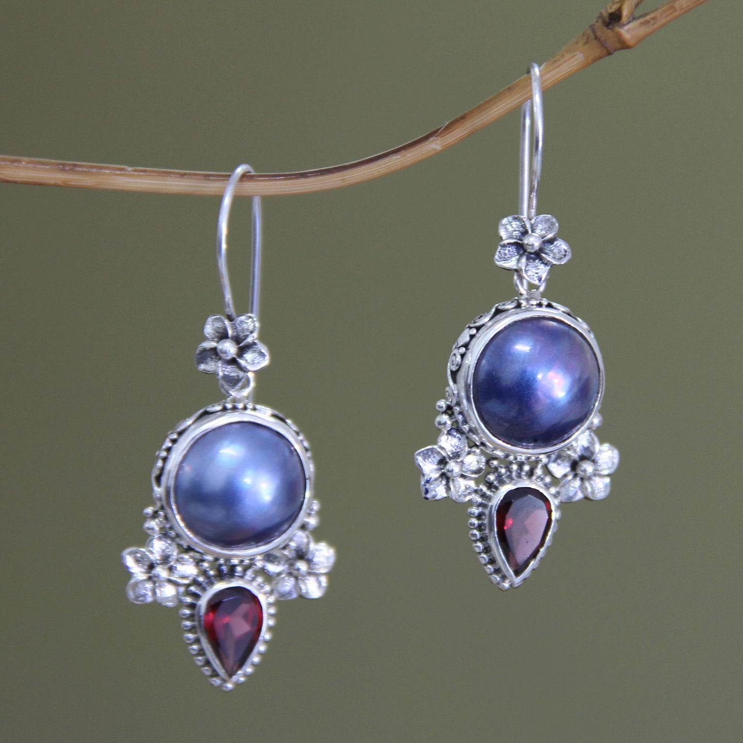 Frangipani Trio Garnet Pearl & Silver Dangle Earrings