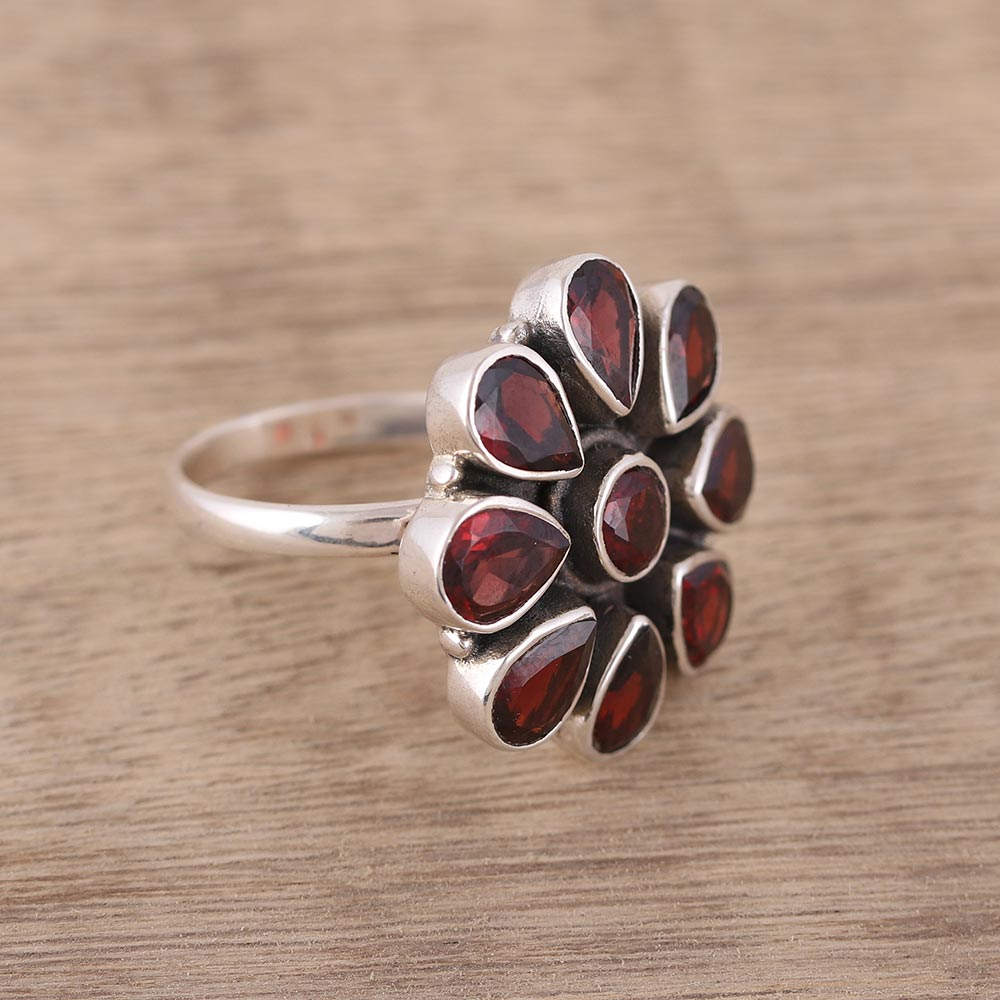 Floral Glamour Garnet Ring and Sterling Silver Ring Flower Jewelry