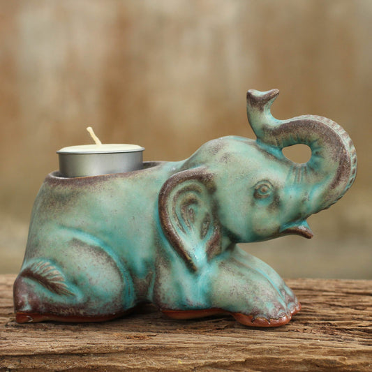 Reclining Turquoise Elephant Celadon Ceramic Tea Light Holder from Thailand