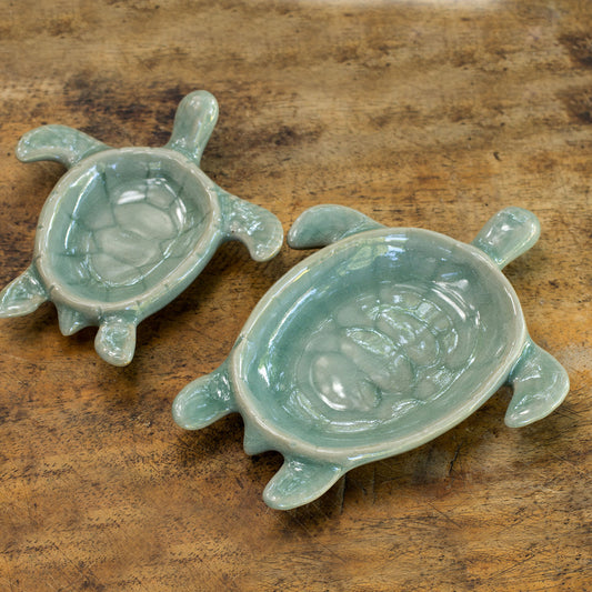 Aqua Thai Turtles Handcrafted Celadon Ceramic Bowls from Thailand (pair)