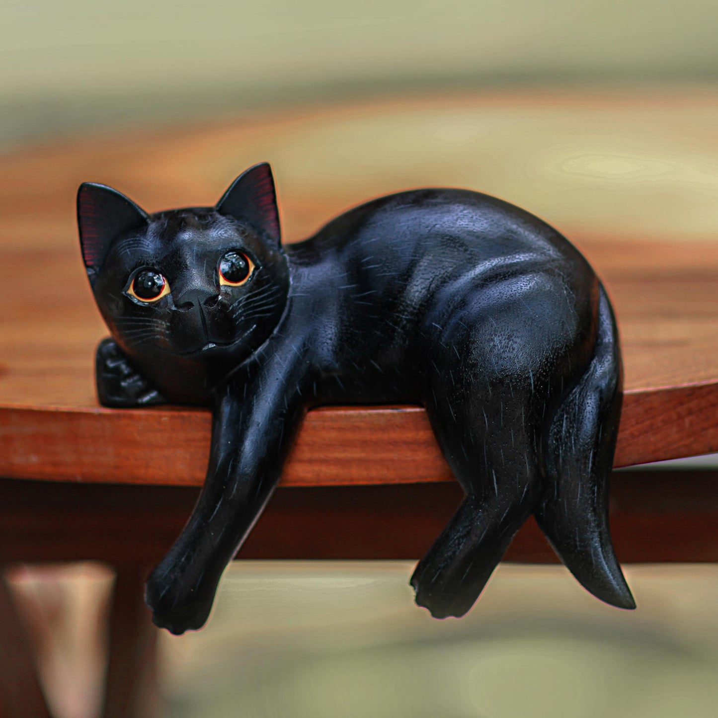 Black Cat Relaxes Signed Balinese Black Cat Sculpture