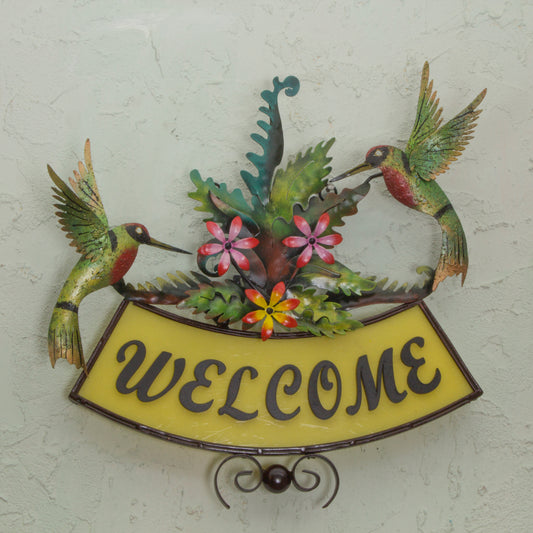 Happy Hummingbirds Iron Birds and Flowers on Hand Crafted Welcome Sign