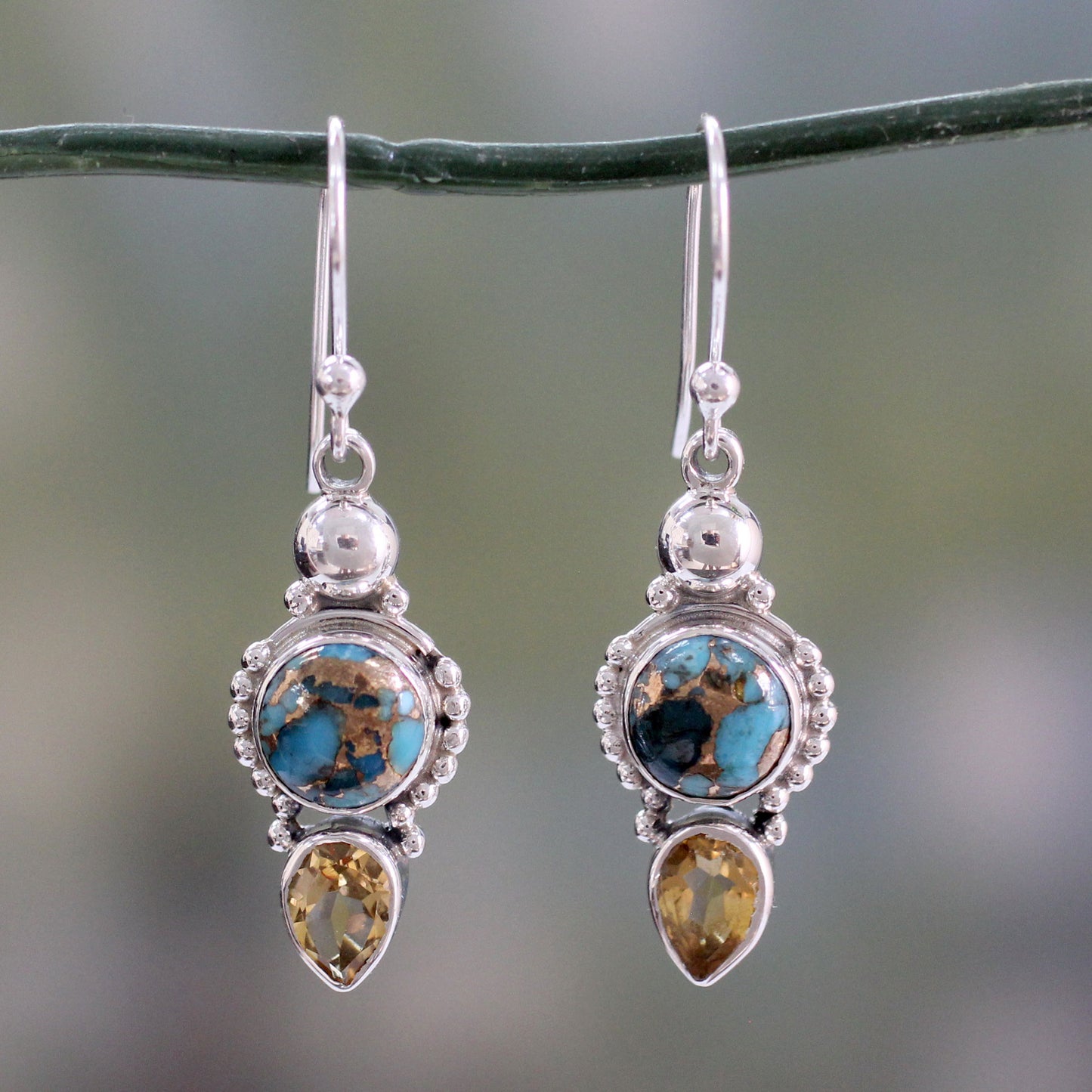 Summer Sunset Citrine Turquoise & Silver Dangle Earrings