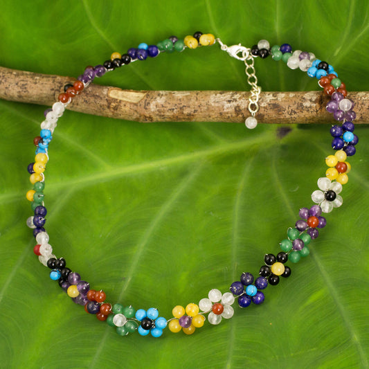 Rainbow Blooms Colorful Multi Gemstone Flower Necklace from Thailand