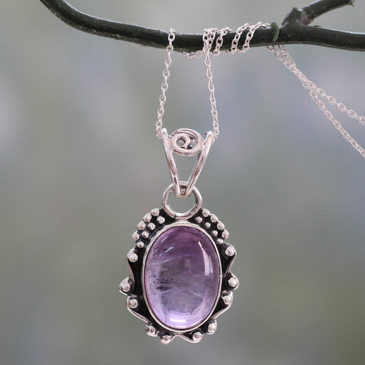 Twilight Mist Amethyst Pendant Necklace with Polished and Oxidized Silver