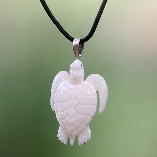 White Turtle Cow Bone Pendant Necklace