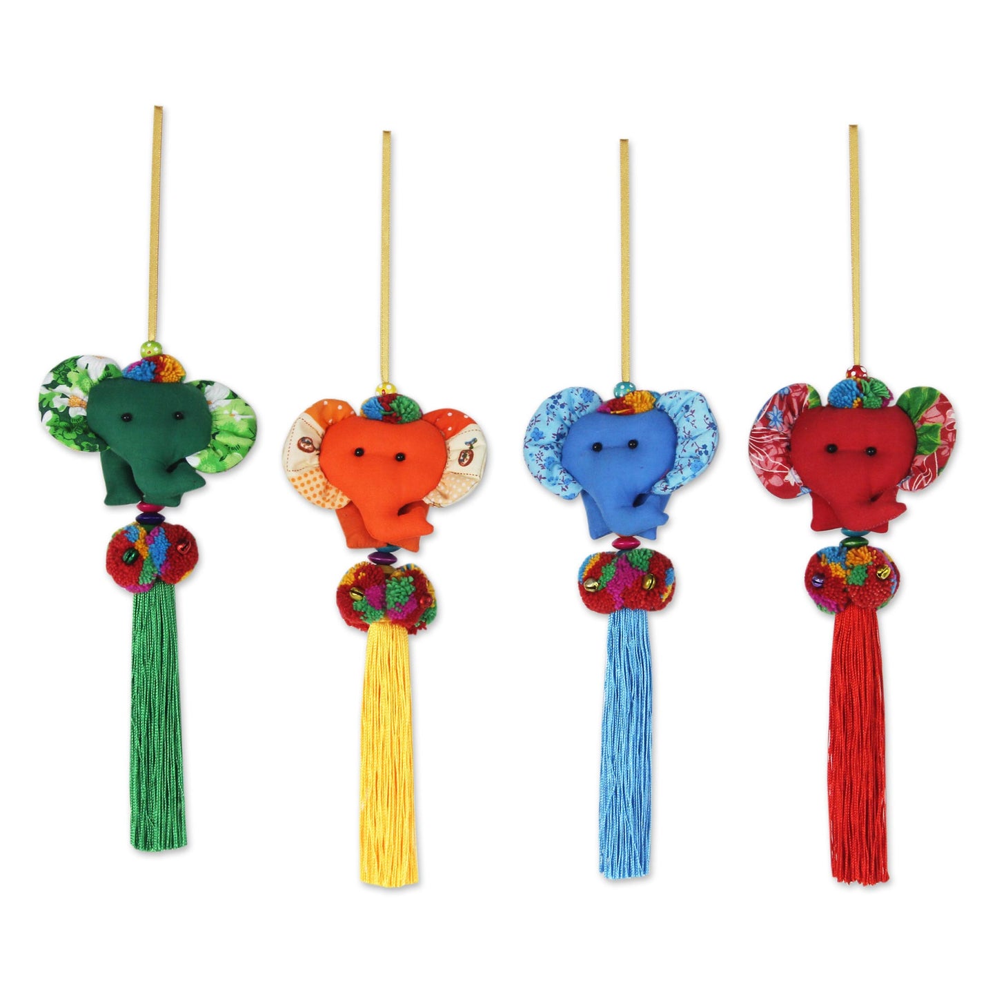 Happy Thai Elephants 4 Artisan Crafted Multicolor Thai Cotton Elephant Ornaments