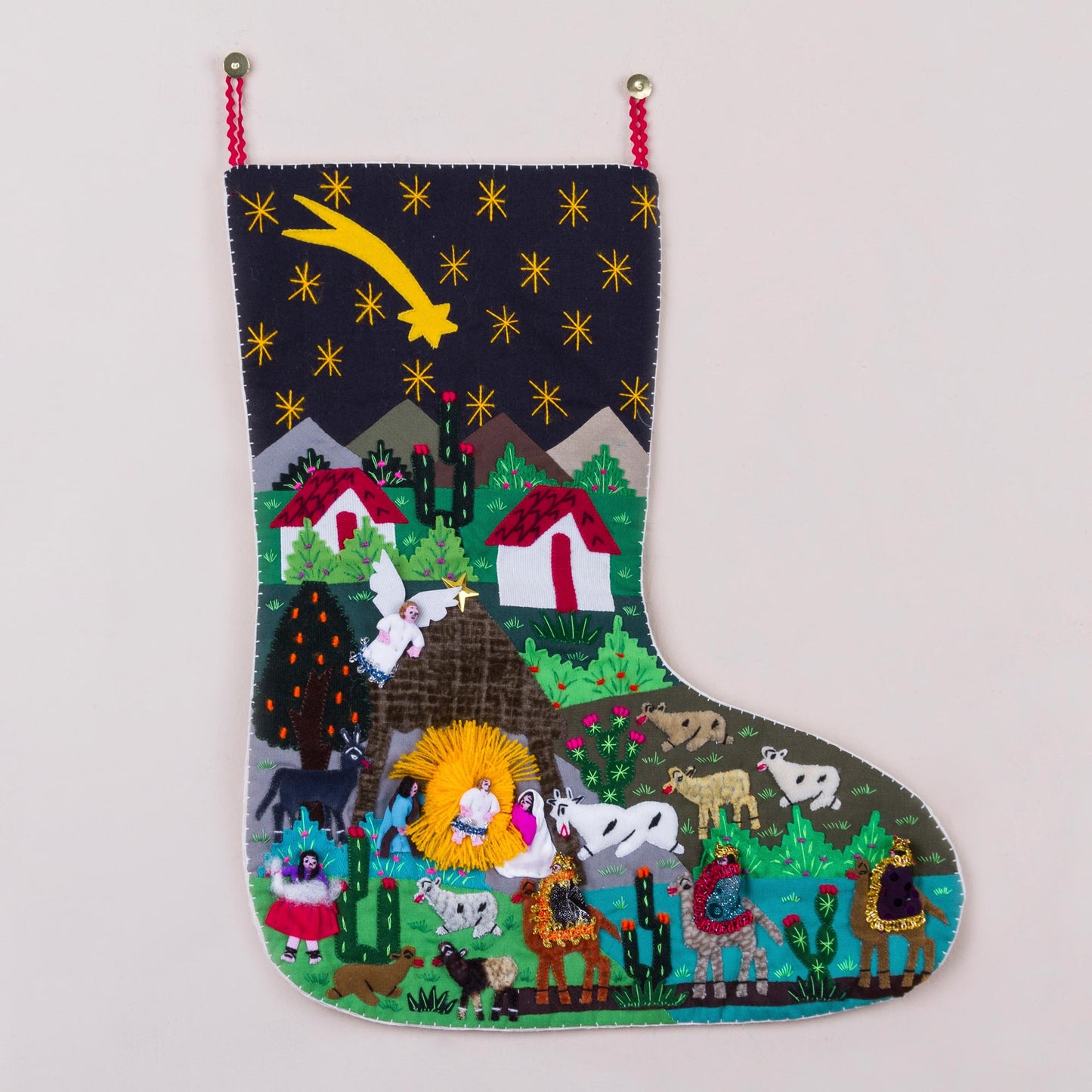 Village Nativity Handcrafted Andean Applique Christmas Stocking