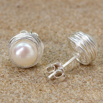 Haloed Moons Pearl & Sterling Silver Stud Earrings