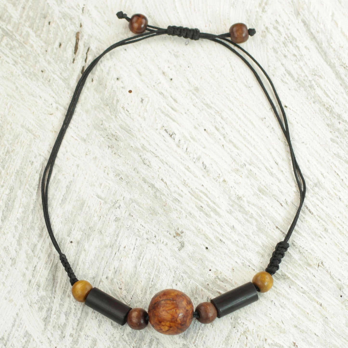 Round Might Sese Wood and Bamboo Cord Pendant Necklace from Ghana