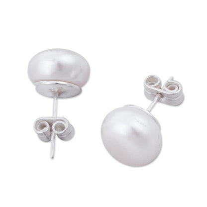 Round Style Cultured Pearl and Sterling Silver Stud Earrings from Peru