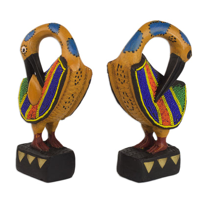 Colorful Sankofa Two Wood and Recycled Glass Adinkra Sankofa Bird Sculptures