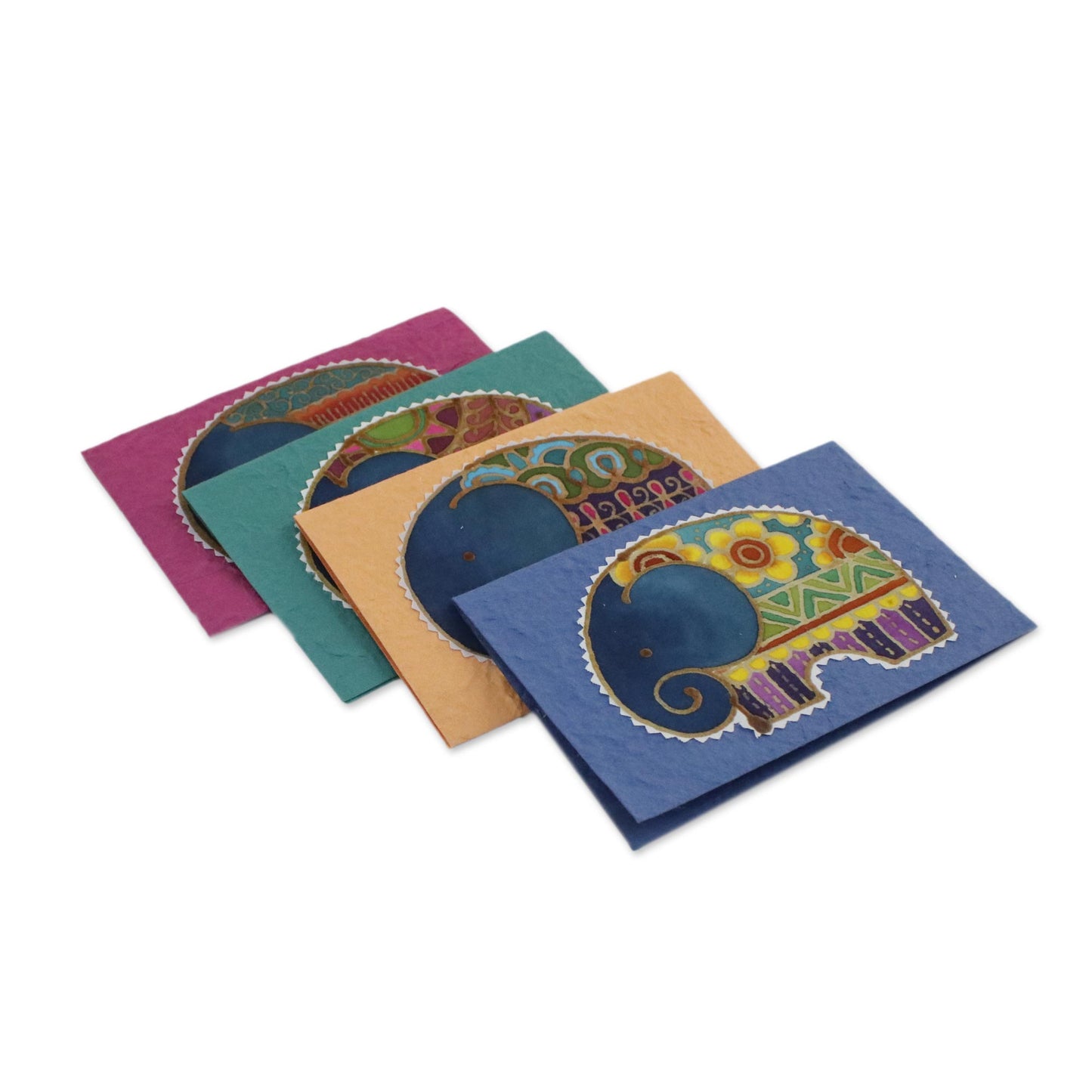 Excited Elephants Set of 4 Batik Cotton and Paper Elephant Greeting Cards