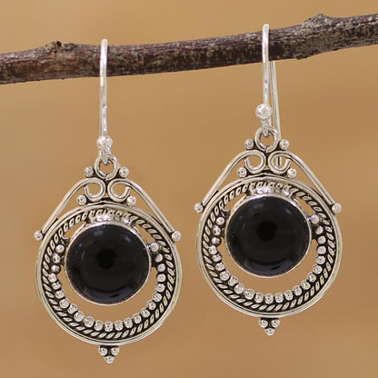 Elegant Globes Onyx and Sterling Silver Dangle Earrings from India