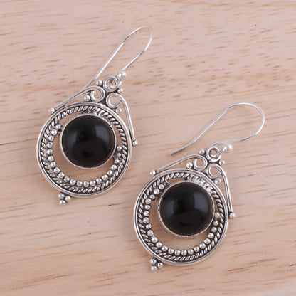 Elegant Globes Onyx and Sterling Silver Dangle Earrings from India