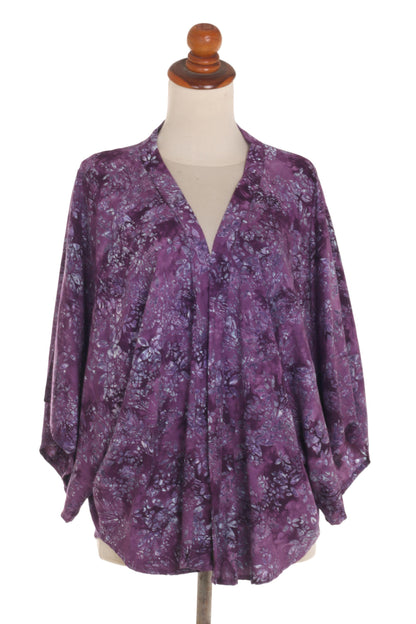 Lavish Garden in Boysenberry Purple Batik Short Rayon Kimono Jacket