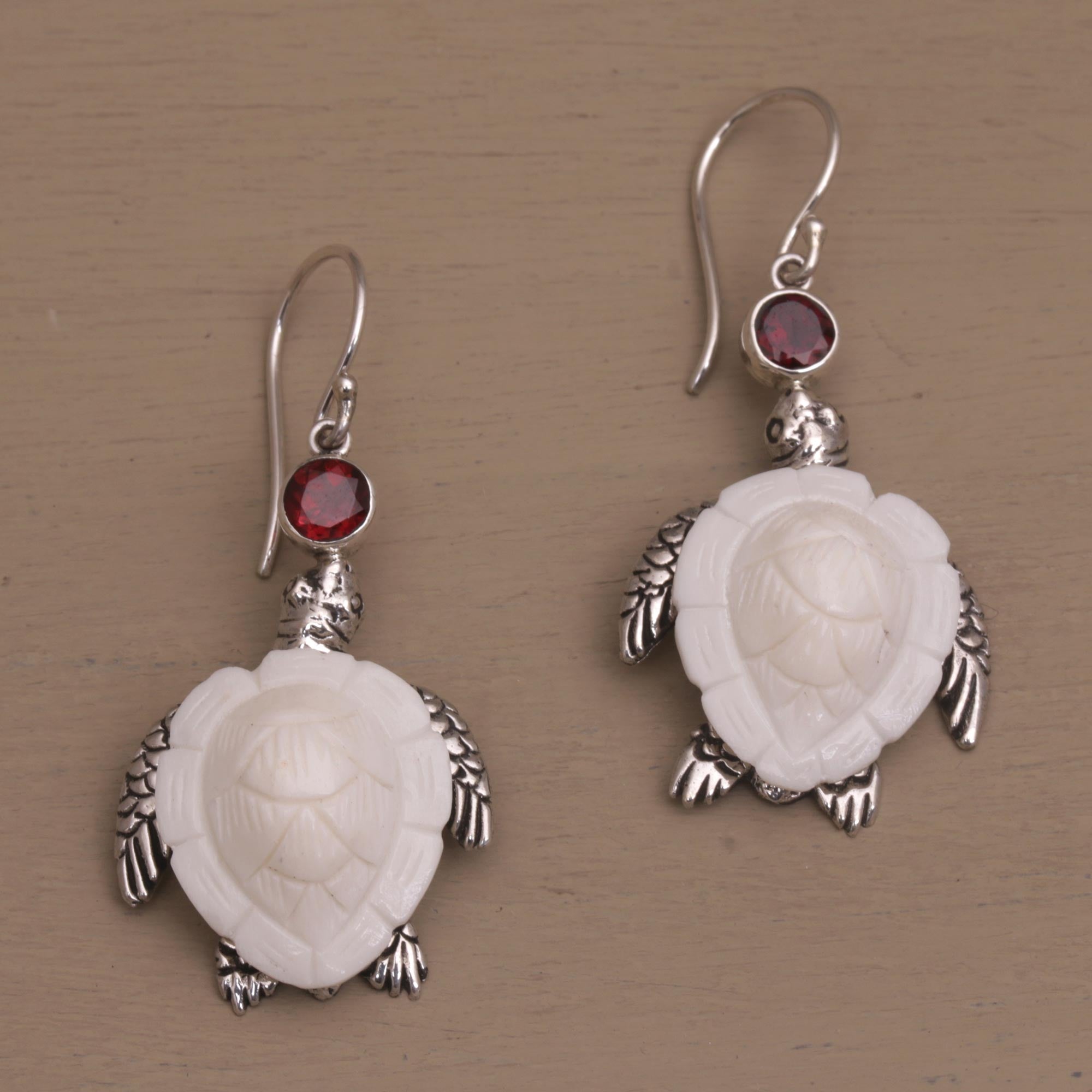 Kurma Turtles Garnet Silver & Bone Dangle Earrings