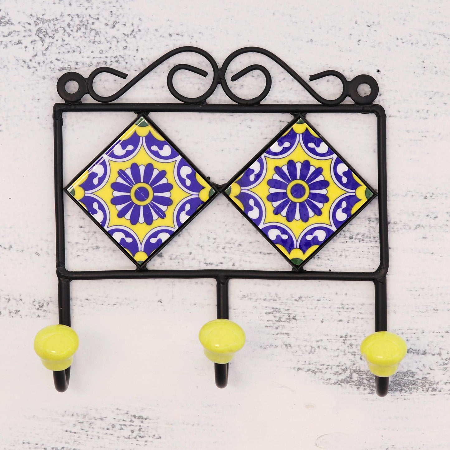 Royal Blossoms Painted Floral Ceramic Coat Rack in Yellow from India
