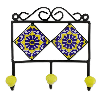Royal Blossoms Painted Floral Ceramic Coat Rack in Yellow from India