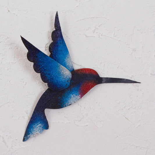 Delightful Blue Hummingbird Artisan Handcrafted Blue Hummingbird Steel Wall Sculpture
