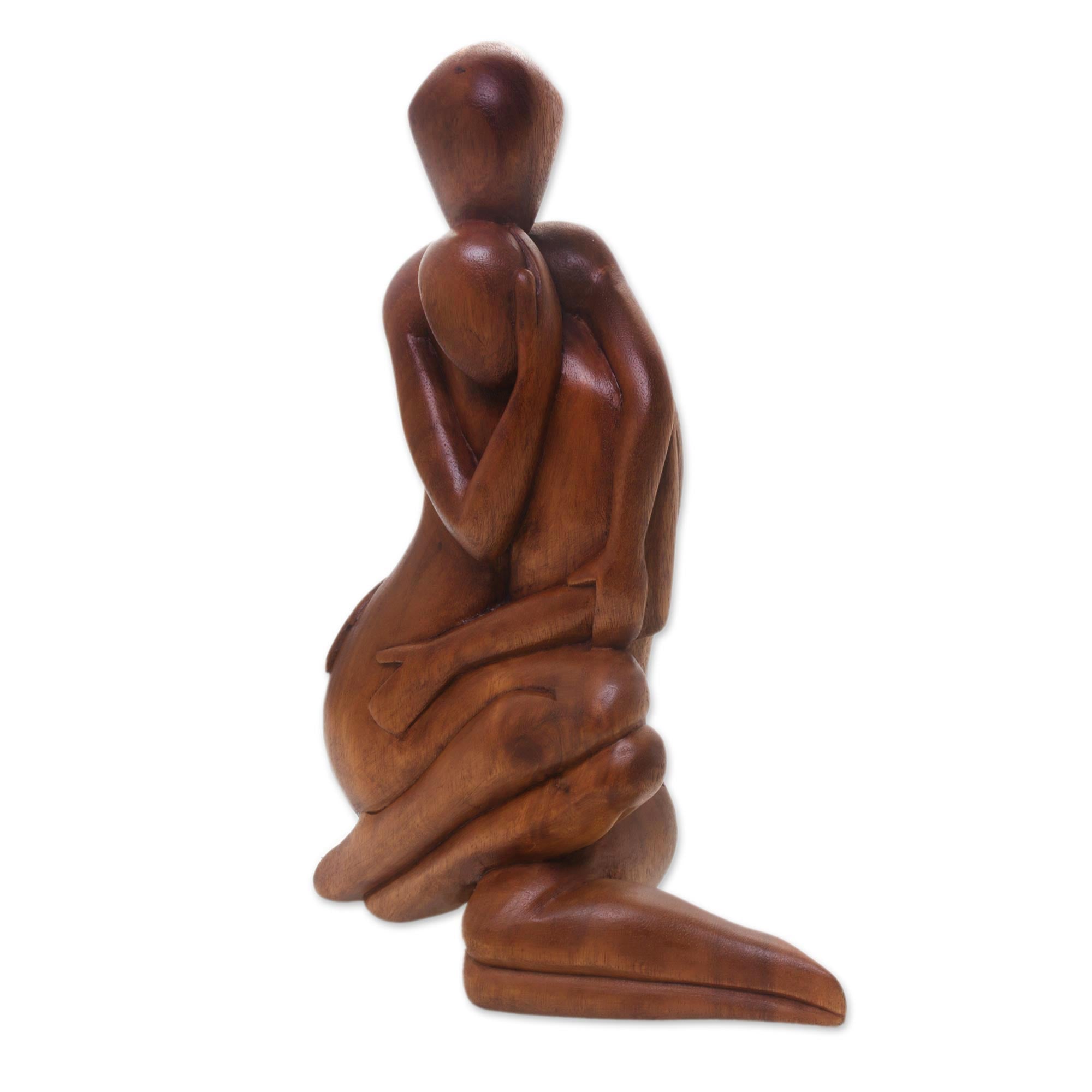 Hand Carved Natural Suar Wood Heart Statuette - Two Loves in Brown
