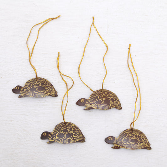 Royal Turtle Set of 4 Handmade Brown Coconut Shell Turtle Ornaments