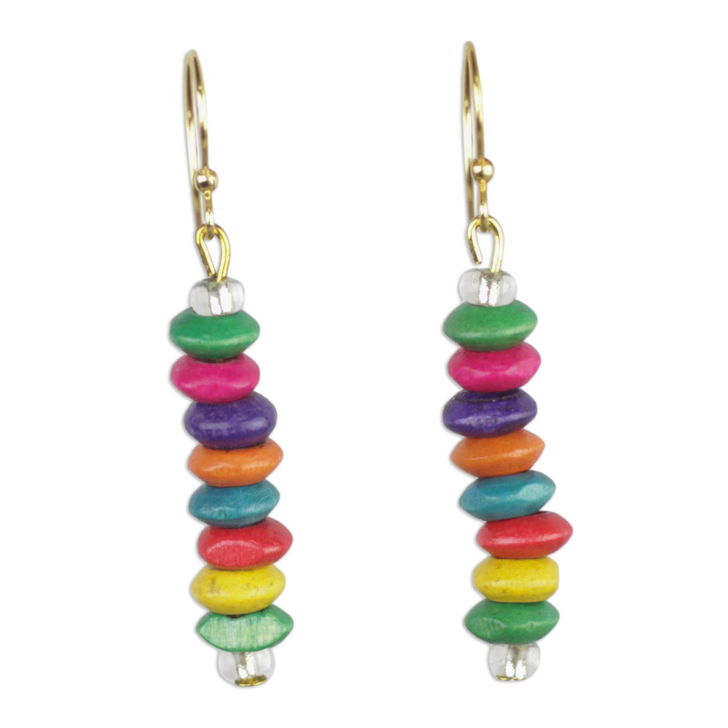 Stacked Color Multi-Color Wood Disc Beaded Dangle Earrings from Ghana