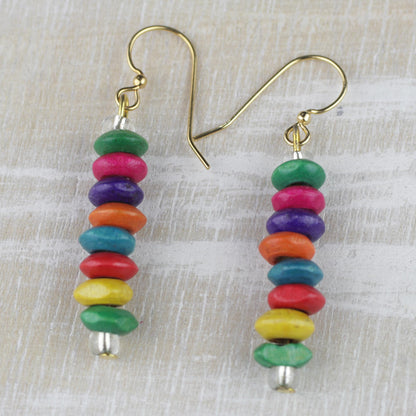 Stacked Color Multi-Color Wood Disc Beaded Dangle Earrings from Ghana