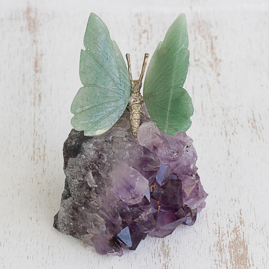 Verdant Wings Quartz and Amethyst Butterfly Gemstone Sculpture from Brazil