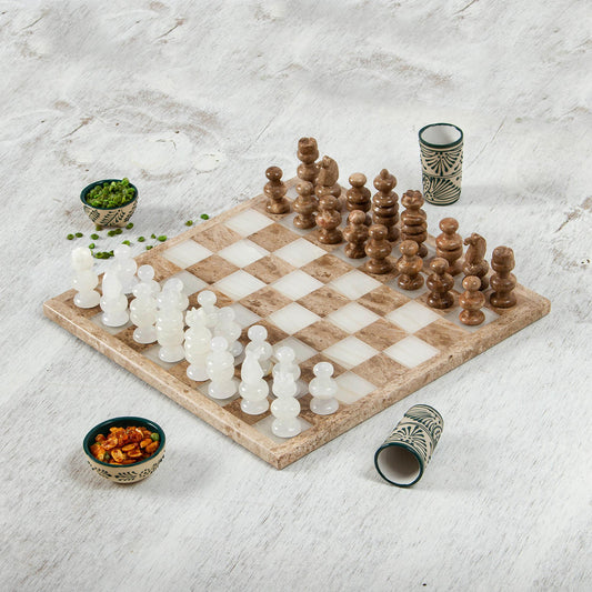 Nature's Challenge Onyx and Marble Chess Set in Brown and Beige (13.5 in.)
