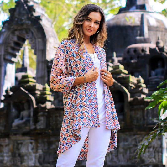 Kelud Crisscross Chili and Azure Printed Rayon Kimono from Bali