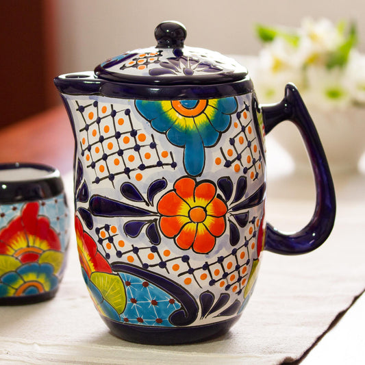 Raining Flowers Hand-Painted Talavera Style Ceramic Coffee Pot from Mexico