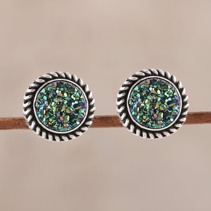 Round Green Green Drusy Quartz Stud Earrings from India