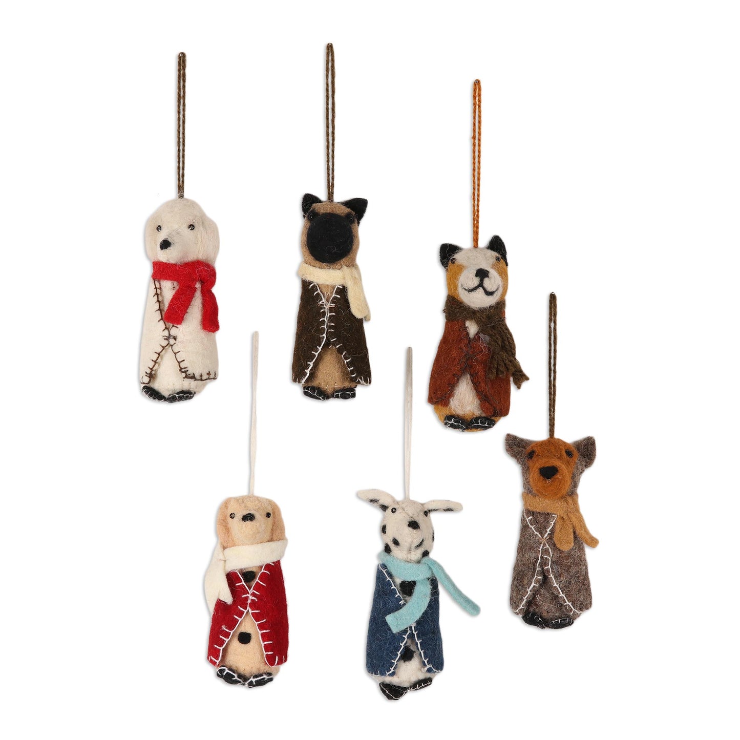 Festive Pups Embroidered Wool Dog Ornaments from India (Set of 6)