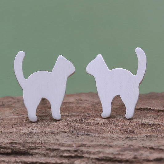 Standing Cat Brushed-Satin Sterling Silver Cat Stud Earrings